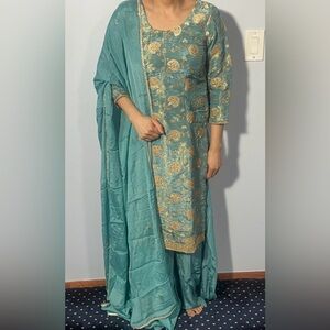 Elegant Teal and Gold Embroidered Suit